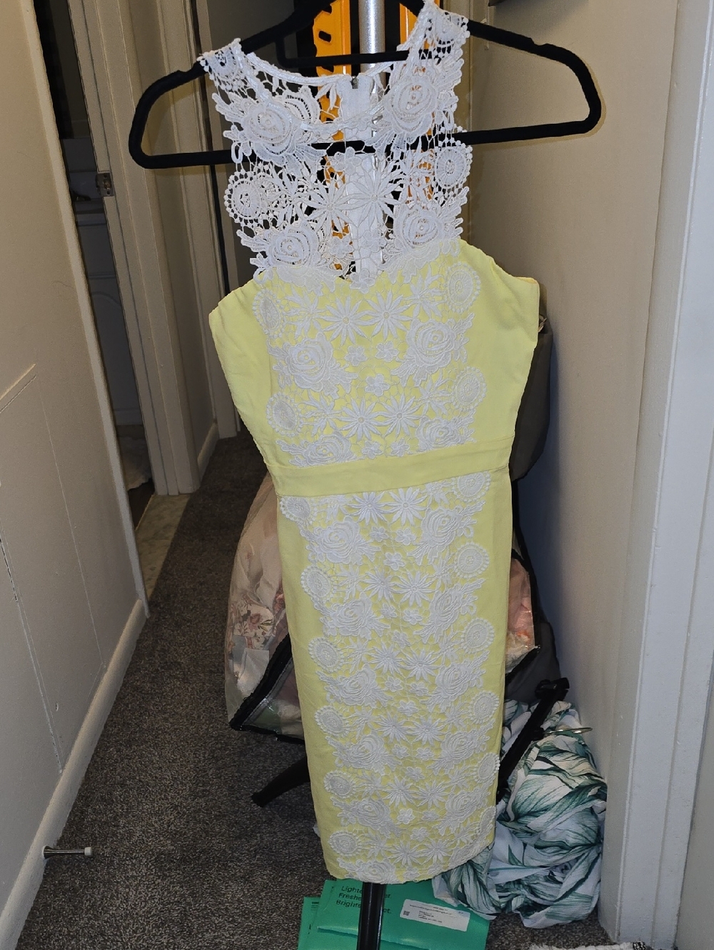 $5 - MUST BUNDLE NWT Sleeveless Yellow Midi Dress with White Crochet Lace Bodice